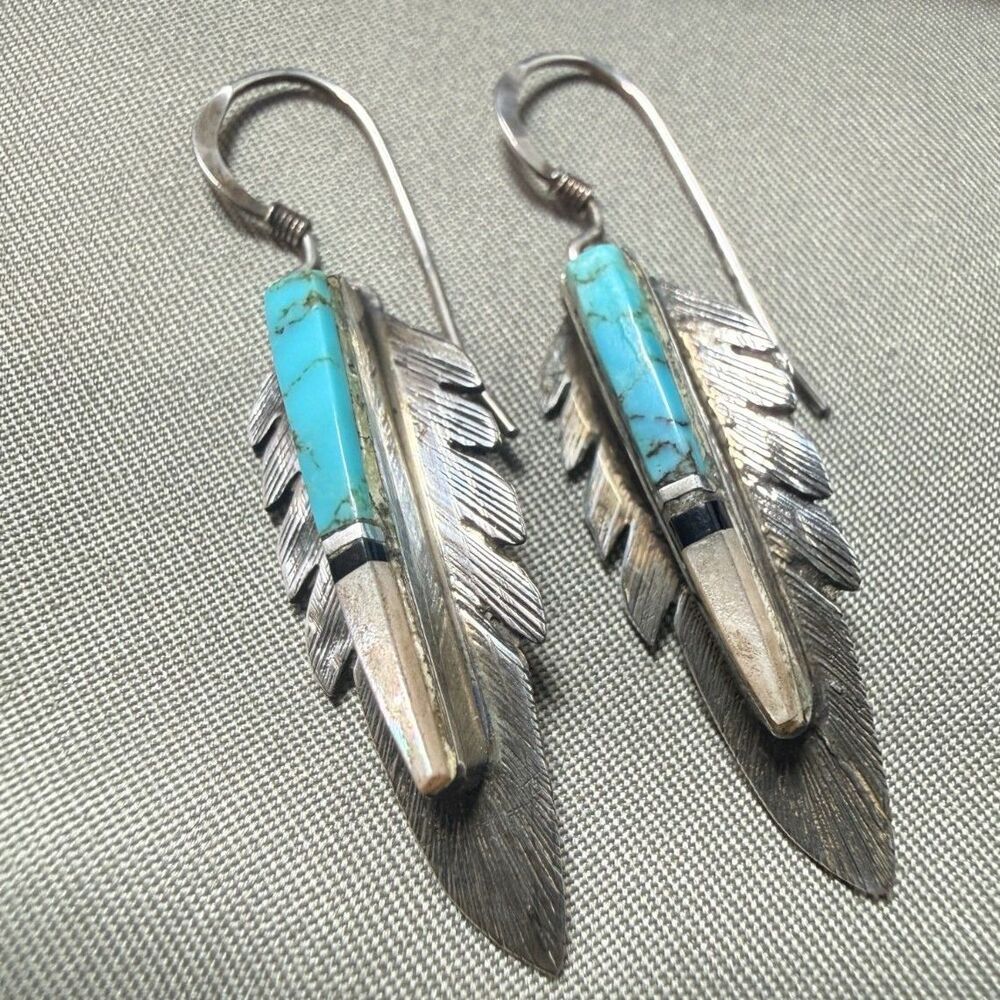 Vintage Native American Navajo Feather Turquoise Silver Earrings
